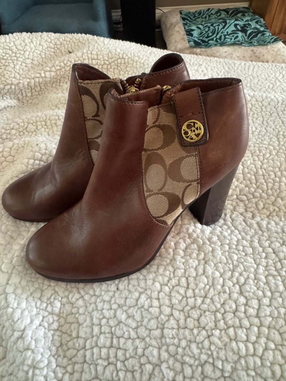 Coach Brown Leather & Signature Jacquard Ankle Booties